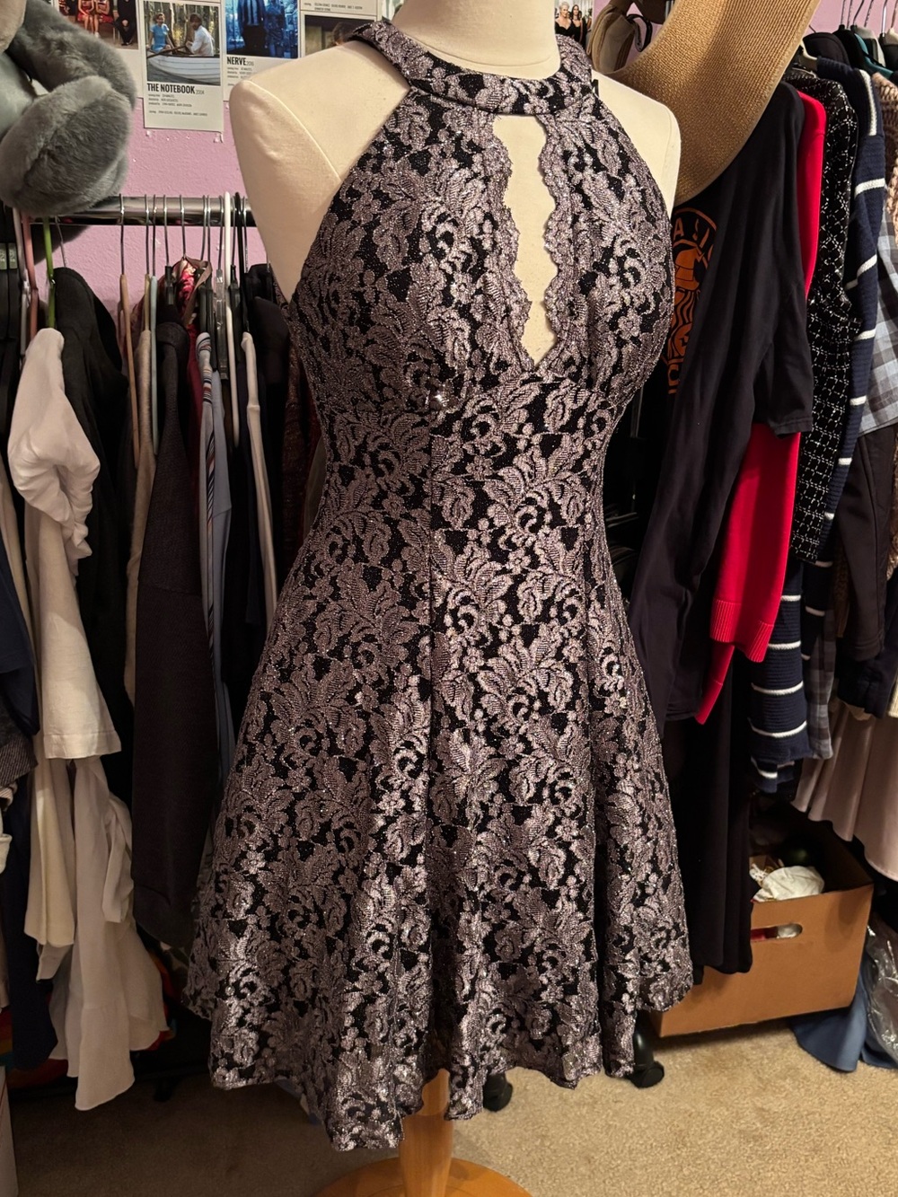 R&M Richards Silver Glitter Lace Halter Dress - Size 8 Homecoming Prom Formal